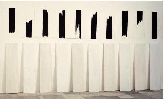 -A Decent Descent. 1989. Wall floor work. Charcoal on paper. Penteli marble. 280x451x10 cm. Gallery Jean Bernier. Athens, Greece.